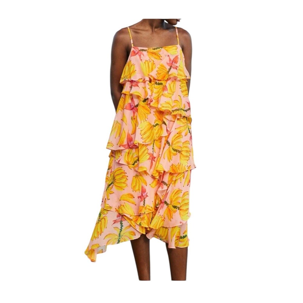 Farm Rio Banana Taste Layered Ruffle Asymmetrical Midi Dress Size Small New $245